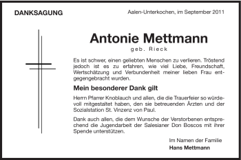 Traueranzeige von Antonie Mettmann von Schwäbische Post