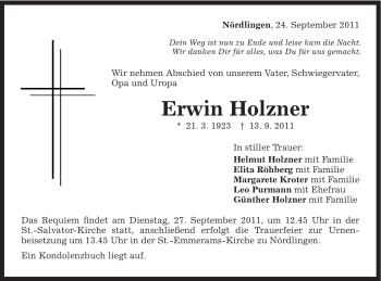 Traueranzeige von Erwin Holzner von Schwäbische Post