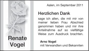 Traueranzeige von Renate Marie Vogel von Schwäbische Post