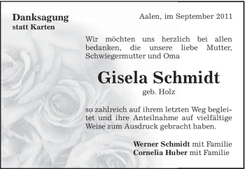 Traueranzeige von Gisela Schmidt von Schwäbische Post