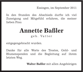 Traueranzeige von Annette Bassler von Gmünder Tagespost