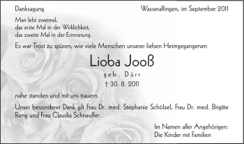 Traueranzeige von Lioba Jooß von Schwäbische Post