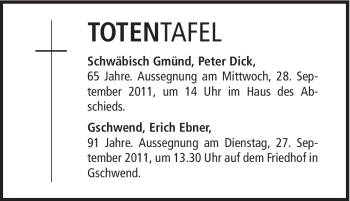 Traueranzeige von Peter Dick von Gmünder Tagespost