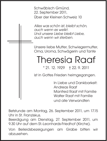 Traueranzeige von Theresia Raaf von Gmünder Tagespost
