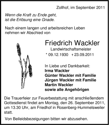 Traueranzeige von Friedrich Wackler von Schwäbische Post