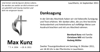 Traueranzeige von Max Kunz von Schwäbische Post