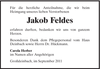 Traueranzeige von Jakob Feldes von Gmünder Tagespost