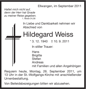 Traueranzeige von Hildegard Weiss von Schwäbische Post