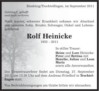Traueranzeige von Rolf Heinicke von Schwäbische Post