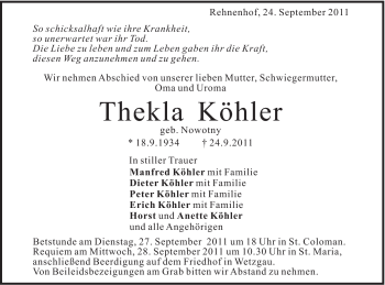 Traueranzeige von Thekla Köhler von Gmünder Tagespost