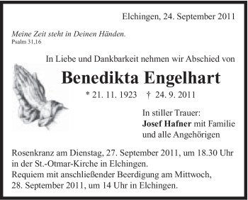 Traueranzeige von Benedikta Engelhart von Schwäbische Post