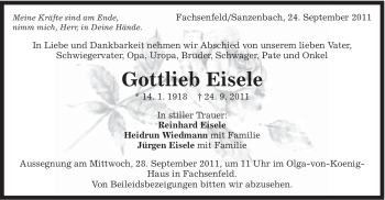 Traueranzeige von Gottlieb Eisele von Schwäbische Post