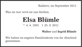 Traueranzeige von Elsa Blümle von Schwäbische Post