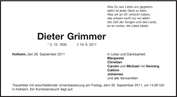 Traueranzeige von Dieter Grimmer von Schwäbische Post