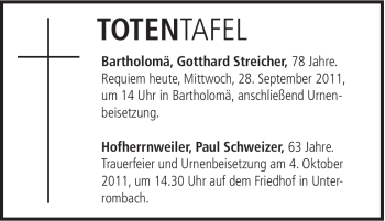 Traueranzeige von Gotthard Streicher von Gmünder Tagespost