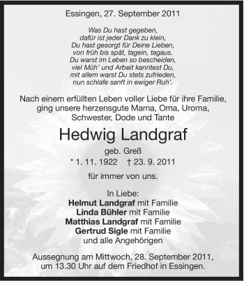 Traueranzeige von Hedwig Langraf von Schwäbische Post