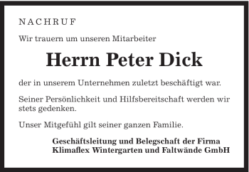 Traueranzeige von Peter Dick von Gmünder Tagespost