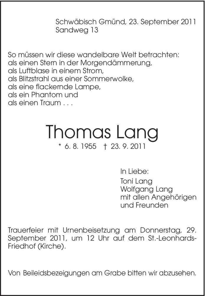  Traueranzeige für Thomas Lang vom 27.09.2011 aus Gmünder Tagespost