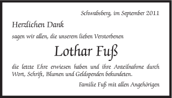 Traueranzeige von Lothar Fuß von Schwäbische Post