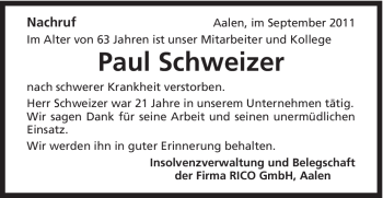 Traueranzeige von Paul Schweizer von Schwäbische Post