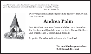 Traueranzeige von Andrea Palm von Gmünder Tagespost