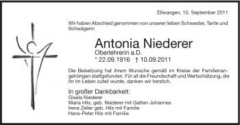 Traueranzeige von Antonia Niederer von Schwäbische Post