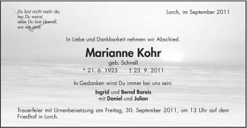 Traueranzeige von Marianne Kohr von Gmünder Tagespost