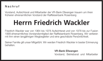 Traueranzeige von Friedrich Wackler von Schwäbische Post