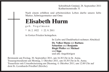 Traueranzeige von Elisabeth Hurm von Gmünder Tagespost