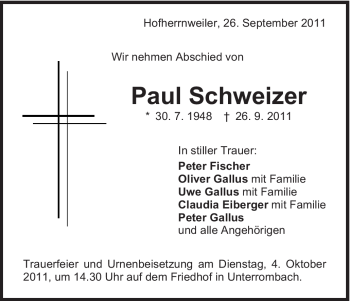 Traueranzeige von Paul Schweizer von Schwäbische Post