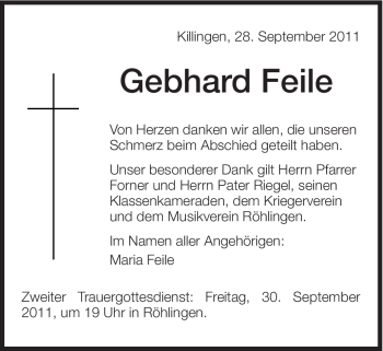 Traueranzeige von Gebhard Feile von Schwäbische Post