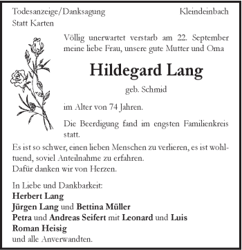 Traueranzeige von Hildegard Lang von Gmünder Tagespost