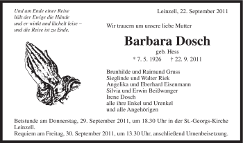 Traueranzeige von Barbara Dosch von Gmünder Tagespost