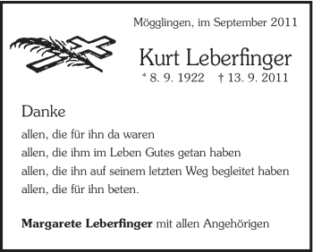 Traueranzeige von Kurt Leberfinger von Gmünder Tagespost