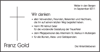 Traueranzeige von Franz Gold von Gmünder Tagespost