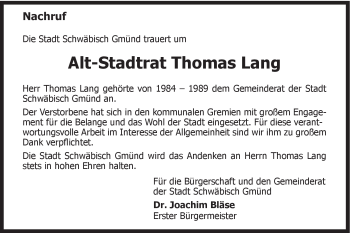 Traueranzeige von Thomas Lang von Gmünder Tagespost
