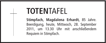 Traueranzeige von Magdalena Erhardt von Schwäbische Post