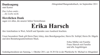 Traueranzeige von Erika Harsch von Schwäbische Post