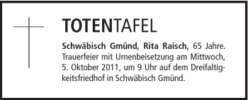 Traueranzeige von Rita Raisch von Gmünder Tagespost