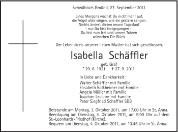 Traueranzeige von Isabella Schäffler von Gmünder Tagespost