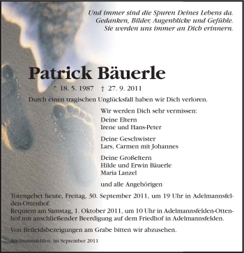 Traueranzeige von Patrick Bäuerle von Schwäbische Post