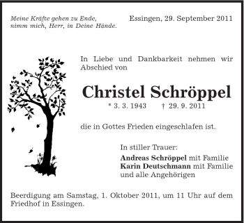 Traueranzeige von Christel Schröppel von Schwäbische Post
