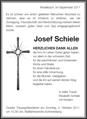 Traueranzeige von Josef Schiele von Schwäbische Post
