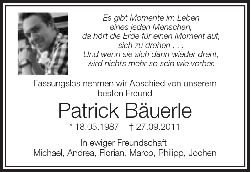  Traueranzeige für Patrick Bäuerle vom 30.09.2011 aus Schwäbische Post