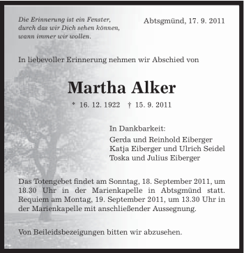 Traueranzeige von Martha Alker von Schwäbische Post
