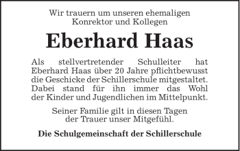 Traueranzeige von Eberhard Haas von Schwäbische Post