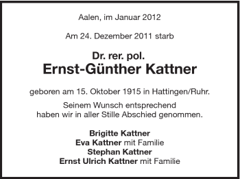 Traueranzeige von Ernst Günther Kattner von Schwäbische Post