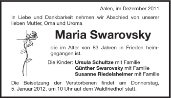 Traueranzeige von Maria Swarovsky von Schwäbische Post