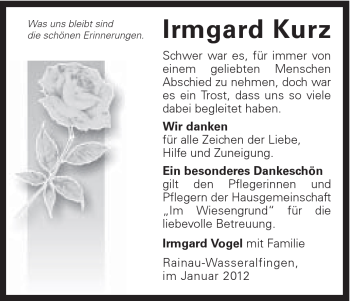 Traueranzeige von Kurz Irmgard von Schwäbische Post