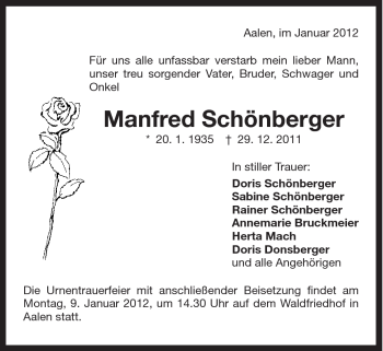 Traueranzeige von Manfred Schönberger von Schwäbische Post